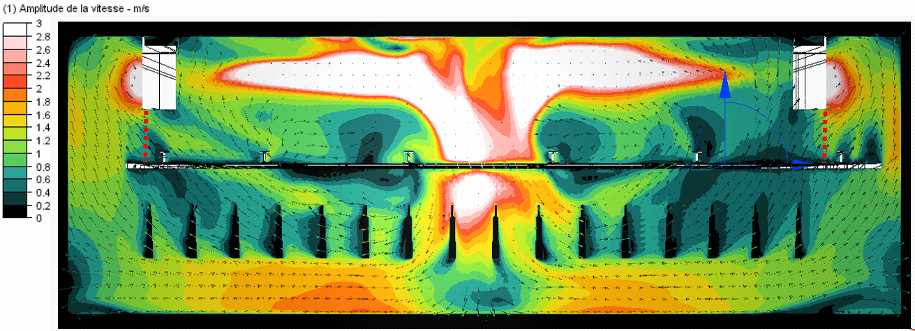 Coupe des vitesses d'air CFD dans une chambre froide de ressuage non optimisée