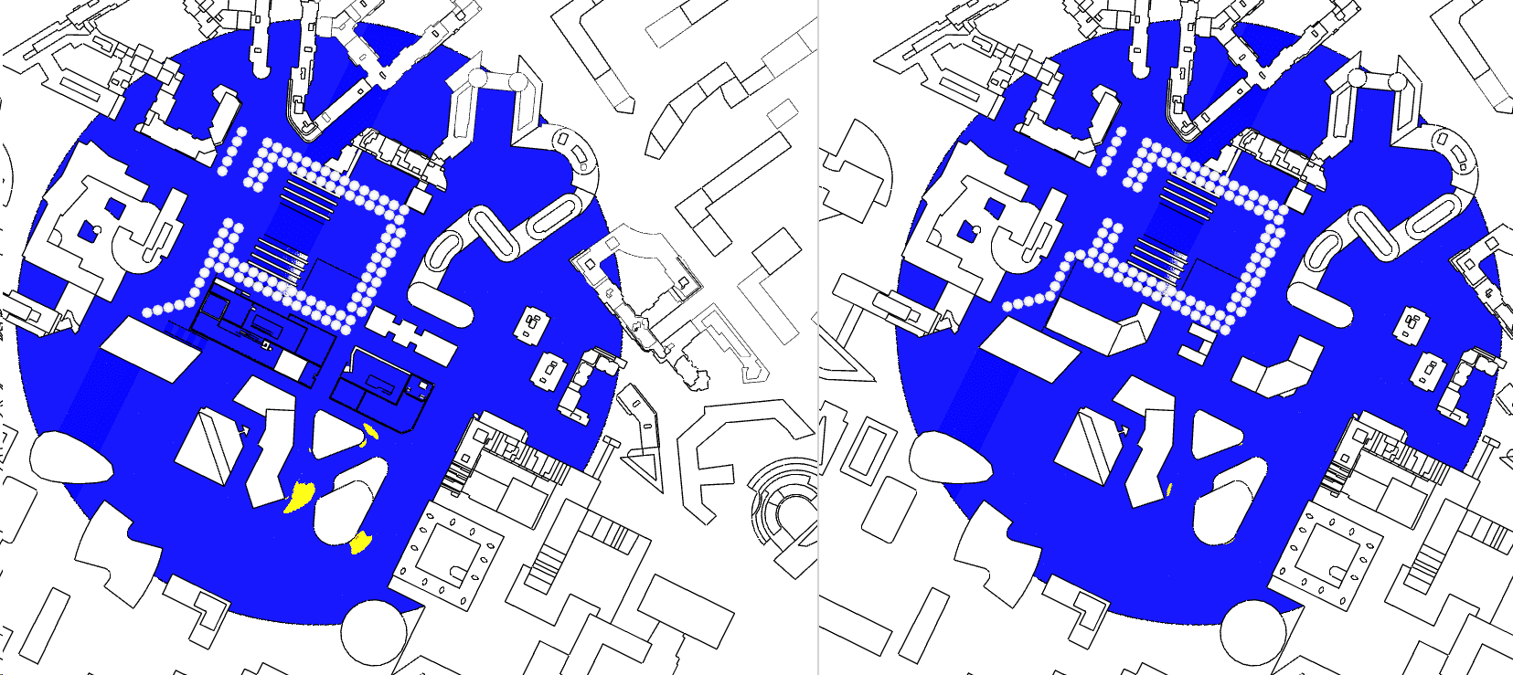 Cartographie illustrant les zones de danger pour les piétons en raison des conditions venteuses, avec des critères tels que la topographie, la proximité des bâtiments, et les obstacles naturels.