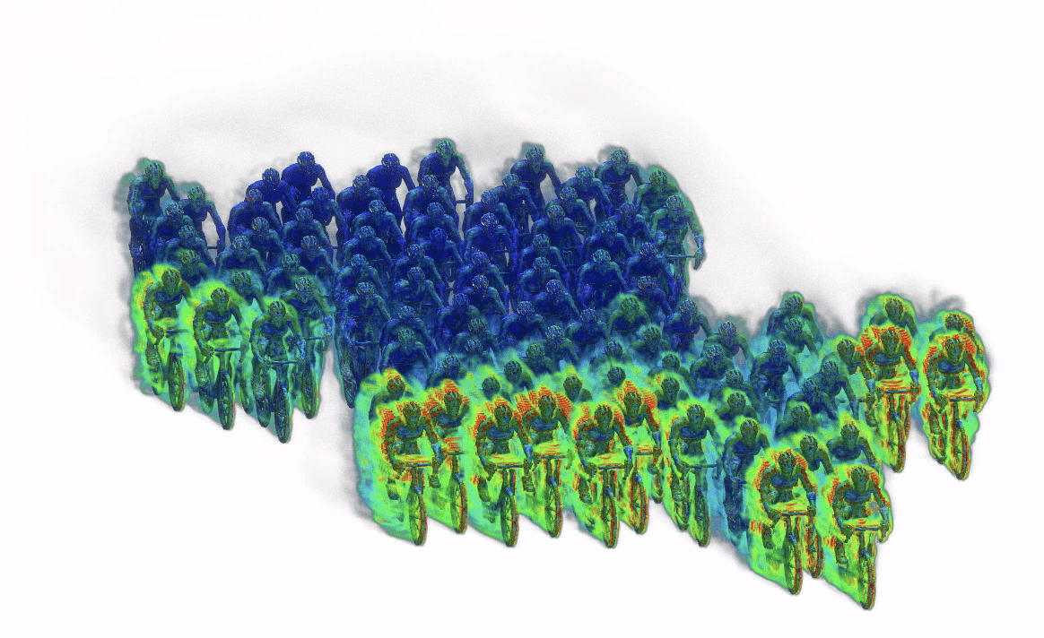 Simulation CFD illustrant les phénomènes aérodynamiques autour d'un peloton de cyclistes, mettant en évidence les zones de traînée et les flux d'air.