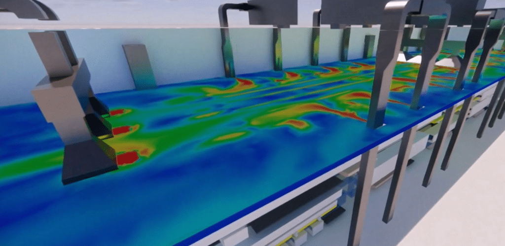 Simulation CFD montrant les plans de vitesses d'air dans une usine aux processus à très haute température.