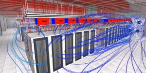 Visualisation d'une simulation CFD (dynamique des fluides numérique) pour une étude interne d'un Data Center. Cette image présente une analyse des flux d'air, des températures et de la distribution thermique à l'intérieur des installations. Les zones colorées illustrent les variations de température autour des serveurs et des équipements, mettant en lumière les zones à risque de surchauffe. Cette simulation permet d'optimiser la gestion du refroidissement, d'améliorer l'efficacité énergétique et de garantir un environnement opérationnel stable pour les systèmes informatiques. L'étude contribue également à la planification de l'agencement du Data Center pour minimiser les points chauds et maximiser la circulation de l'air.